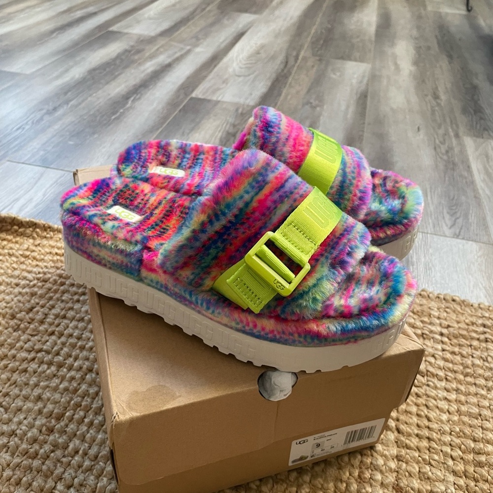 UGG Multicolor Fuzzy Slide Sandals with Neon Buckle